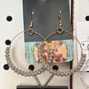 Gold Hoop Earrings with Gray Beads